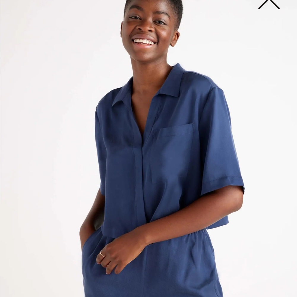 Quince 100% Washable Silk Pajama Button Up Top Indigo Blue Size M